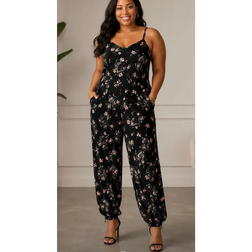 Torrid Size 2 Black Paisley Floral Jogger Jumpsuit Plus Size 2X Pockets - Picture 1 of 5